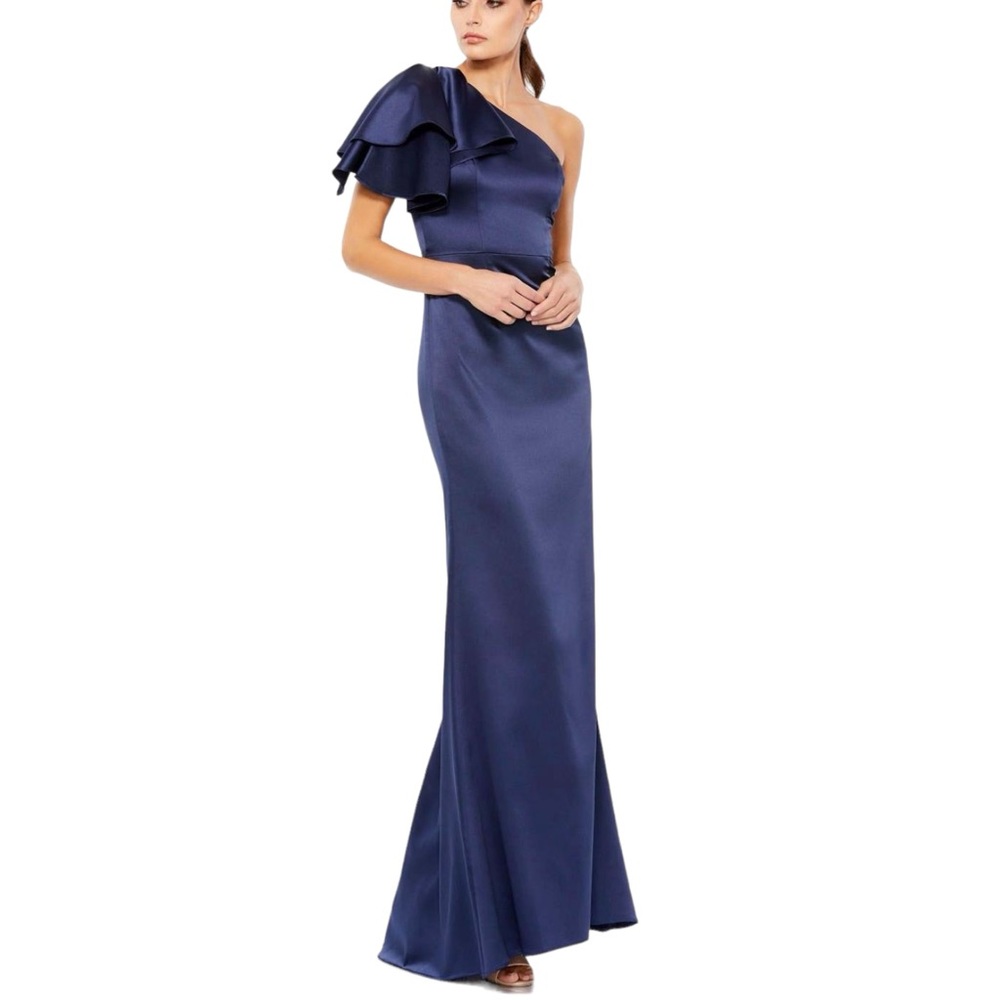 Ieena For Mac Duggal One Shoulder Bow Detail Navy Satin Gown 12 LN worn once